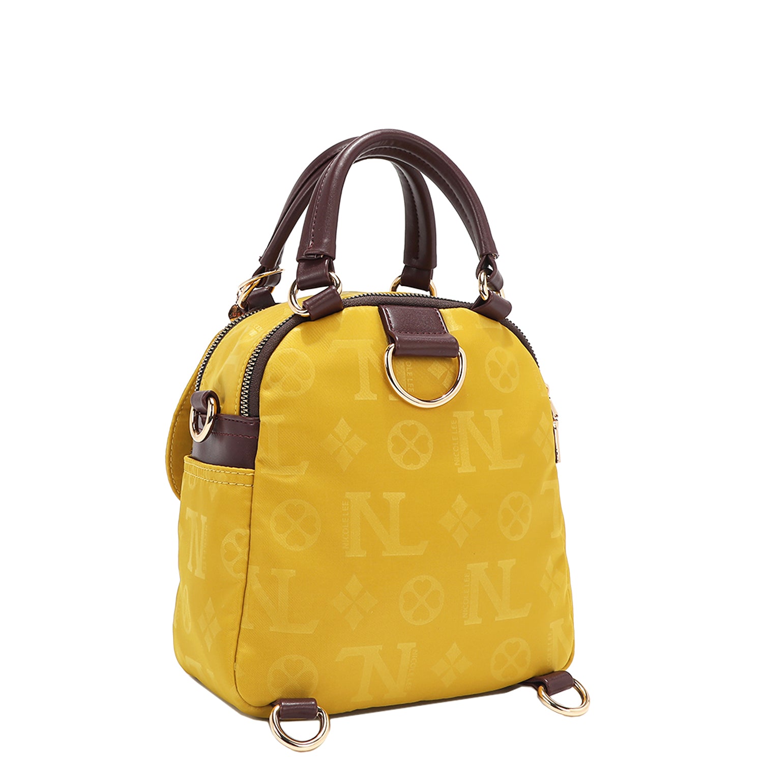 OUR NICOLE LEE MARGOT MULTI-WEAR DOME BAG IN YELLOW. THE BACK HAS D-RINGS FOR BACKPACK OR CROSSBODY WEAR.