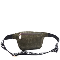 OUR NICOLE LEE MARGOT BELT BAG IN OLIVE WITH STRAPS AND BACK ZIP POCKET.