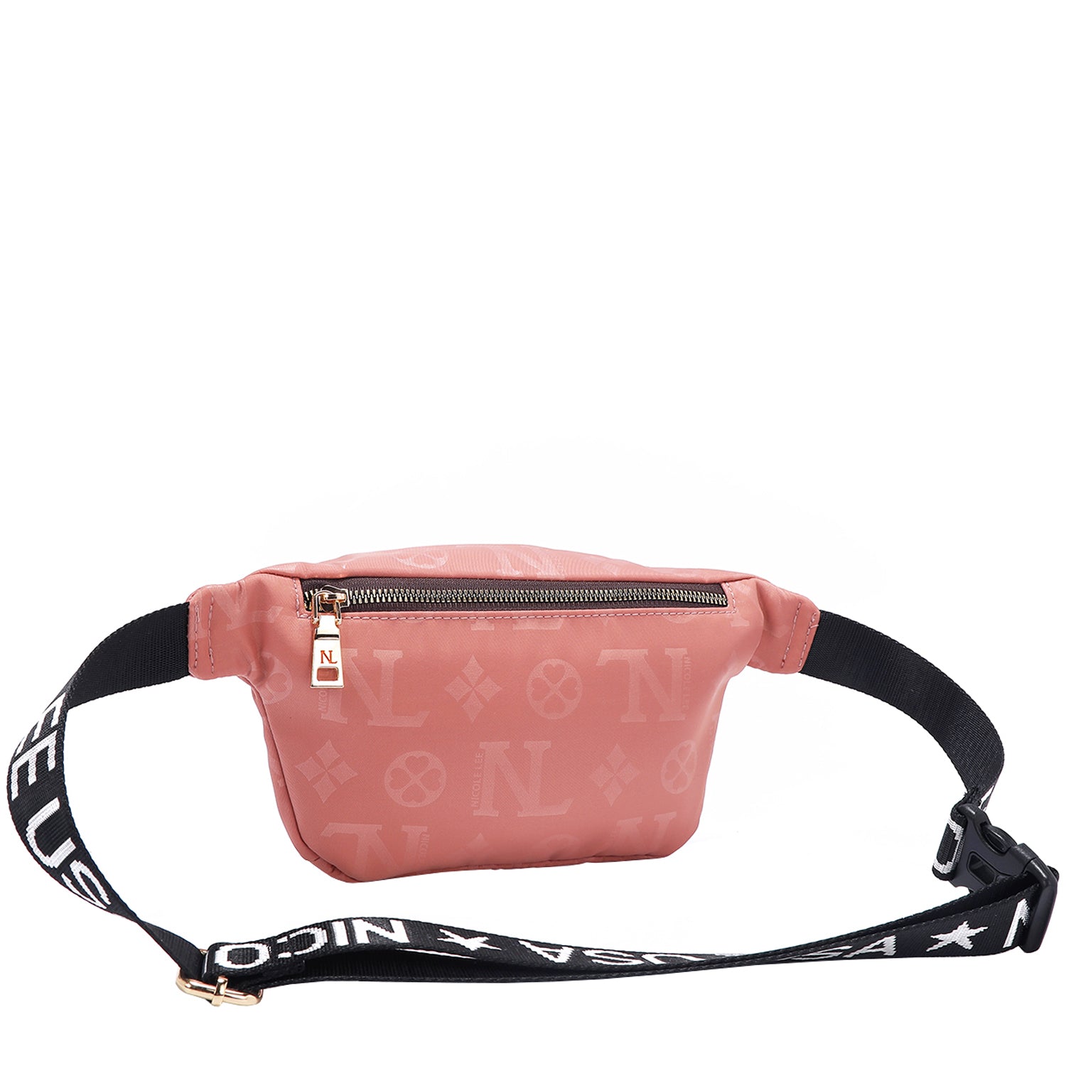 OUR NICOLE LEE MARGOT BELT BAG IN PINK WITH STRAPS AND BACK ZIP POCKET.