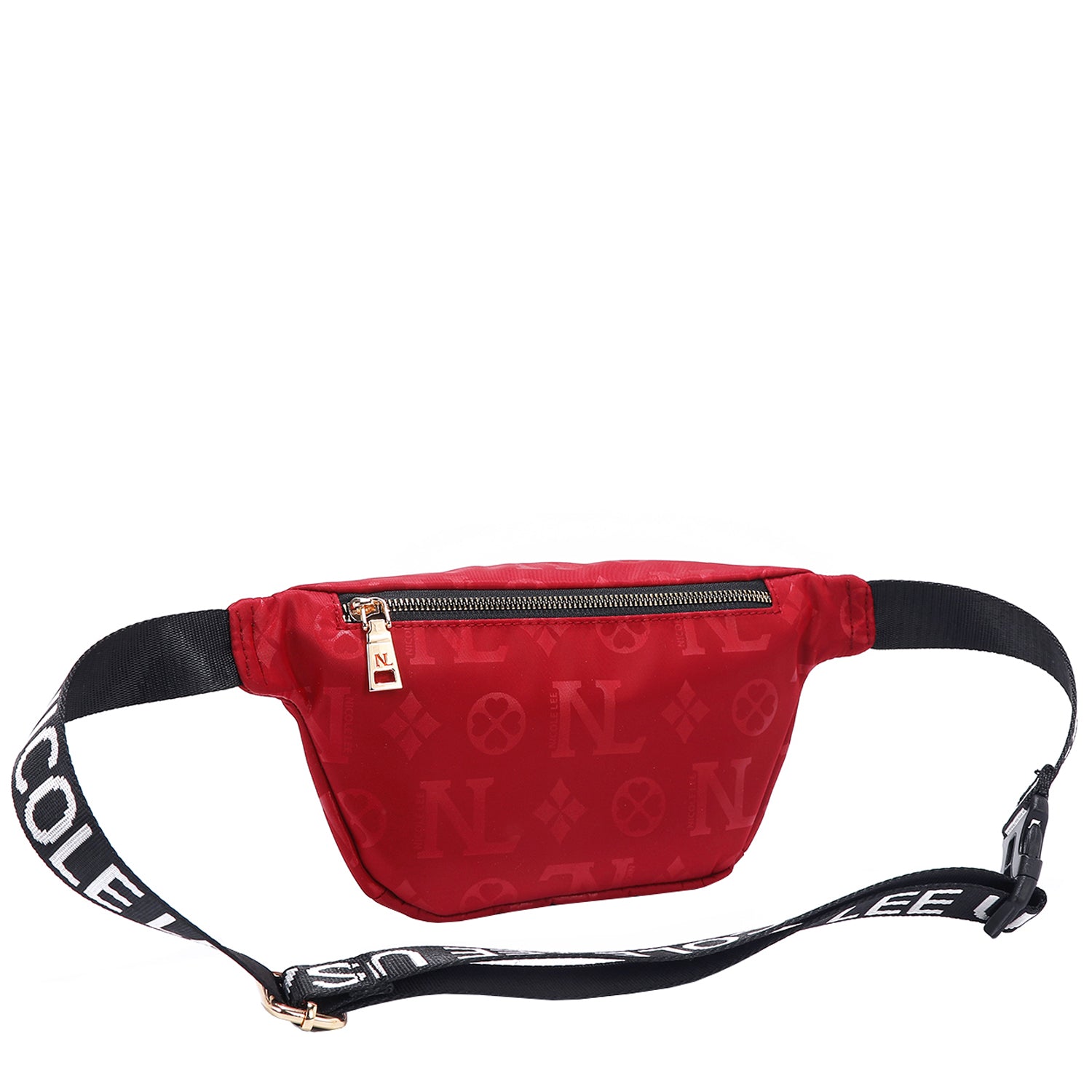 OUR NICOLE LEE MARGOT BELT BAG IN RED WITH STRAPS AND BACK ZIP POCKET.