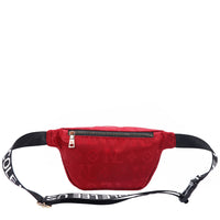 OUR NICOLE LEE MARGOT BELT BAG IN RED WITH STRAPS AND BACK ZIP POCKET.