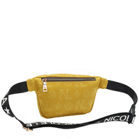 OUR NICOLE LEE MARGOT BELT BAG IN YELLOW WITH STRAPS AND BACK ZIP POCKET.