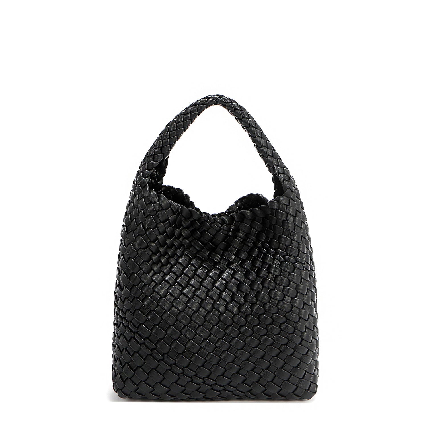 Back of Juni handbag crafted in braided vegan leather in classic, timeless black with a top handle (5" drop) and open slip compartment secured with a magnetic snap closure. Slouchy, relaxed silhouette offers a chic and laid-back yet refined look.