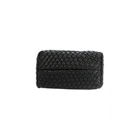 Base of Juni handbag crafted in braided vegan leather in classic, timeless black.