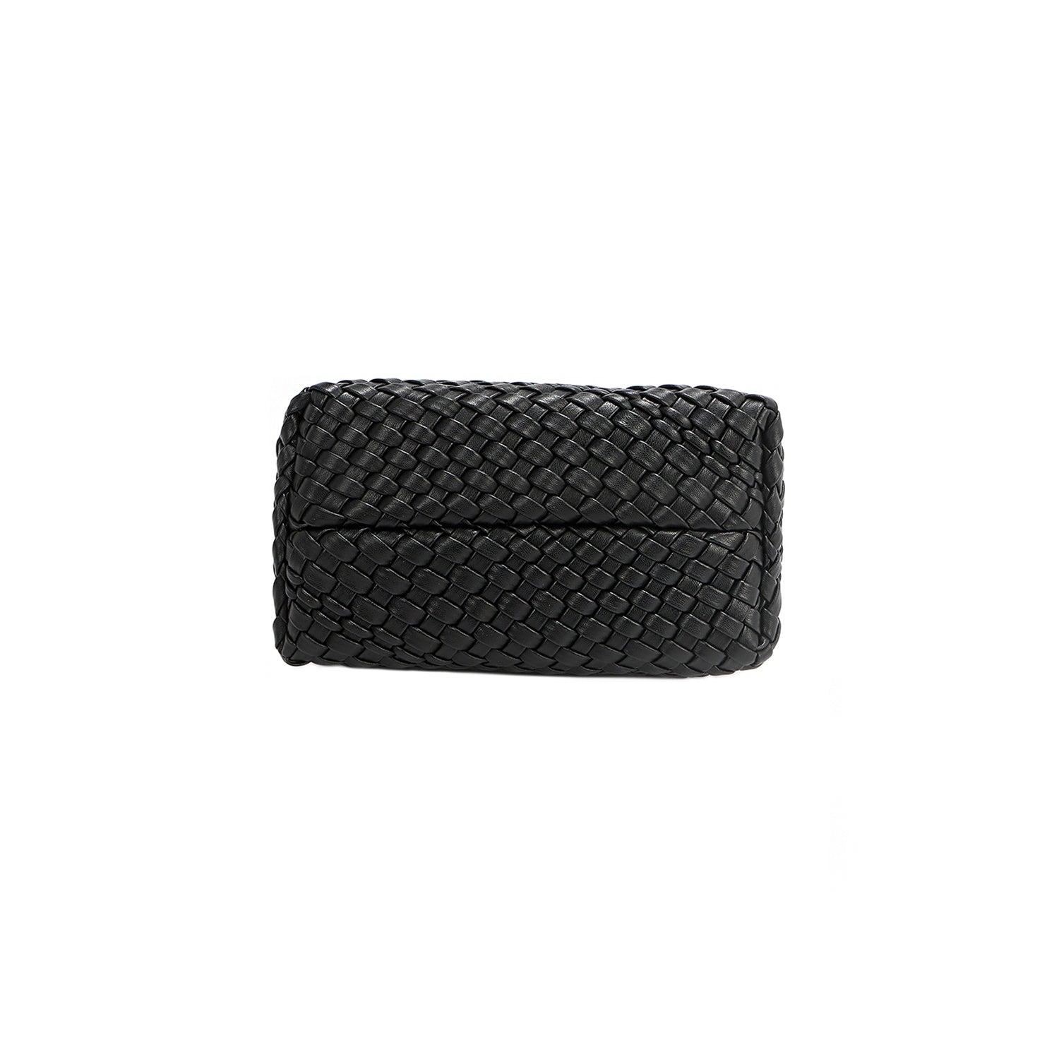 Base of Juni handbag crafted in braided vegan leather in classic, timeless black.
