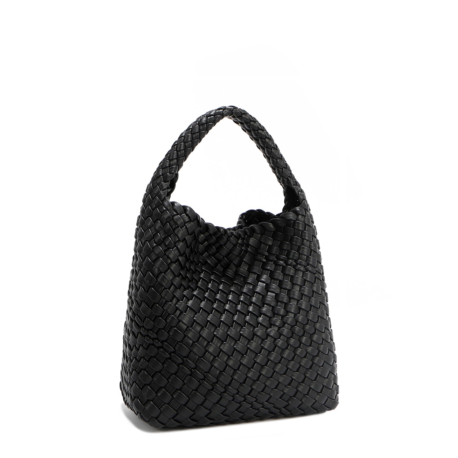 Front angle of Juni handbag crafted in braided vegan leather in classic, timeless black with a top handle (5" drop) and open slip compartment secured with a magnetic snap closure. Slouchy, relaxed silhouette offers a chic and laid-back yet refined look.