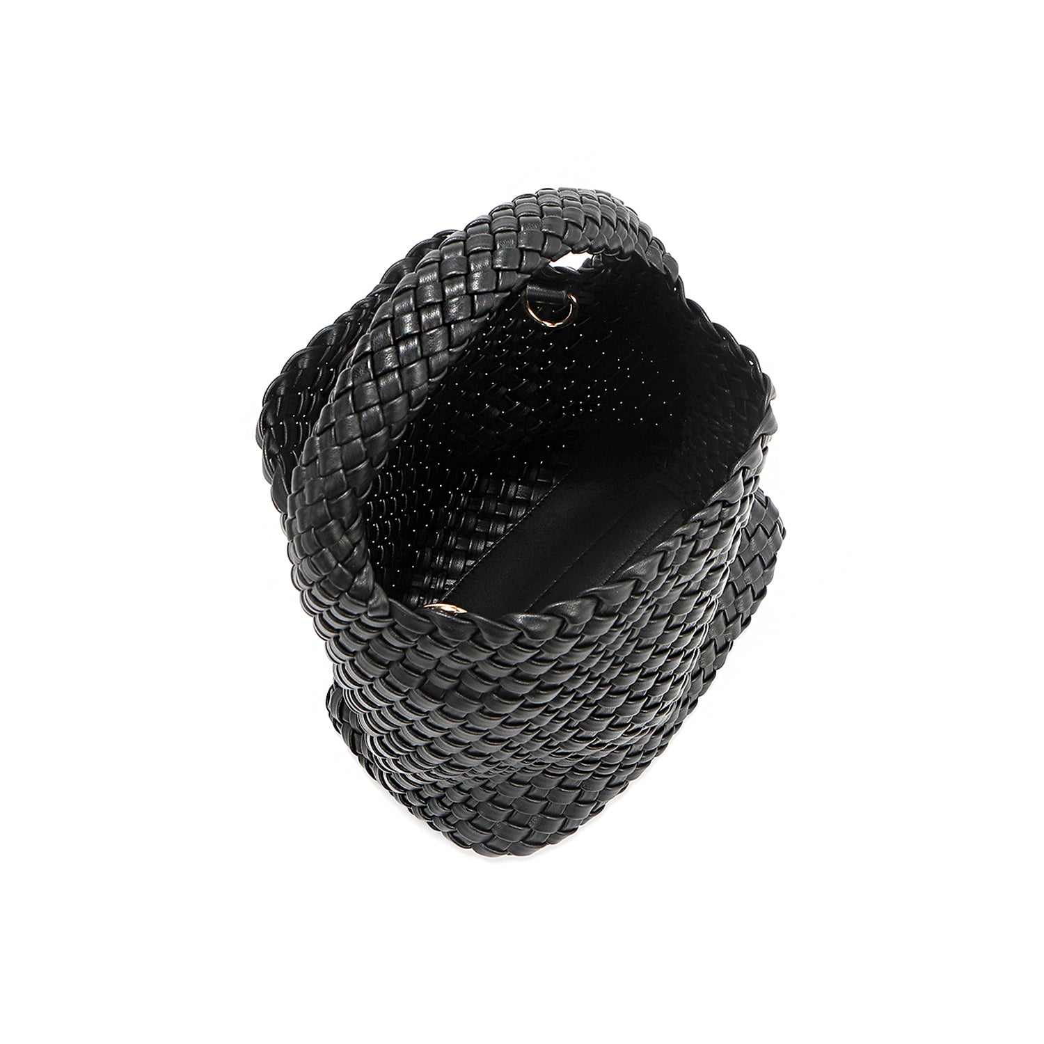 Juni handbag crafted in braided vegan leather in classic, timeless black with a top handle (5" drop) and open slip compartment secured with a magnetic snap closure. Slouchy, relaxed silhouette offers a chic and laid-back yet refined look. Side D-rings for optional crossbody strap attachment and sturdy base.