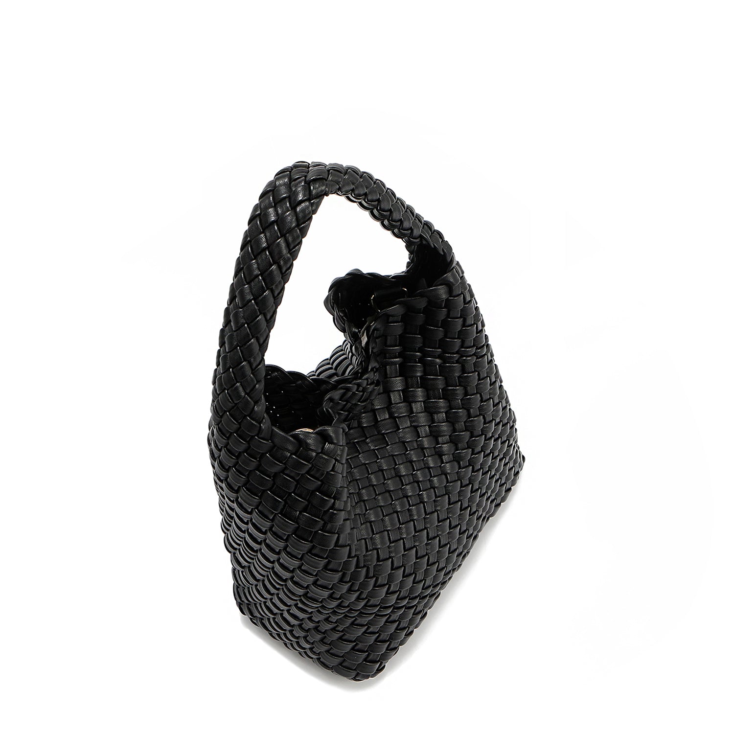 Top angle of Juni handbag crafted in braided vegan leather in classic, timeless black with a top handle (5" drop) and open slip compartment secured with a magnetic snap closure. Slouchy, relaxed silhouette offers a chic and laid-back yet refined look.