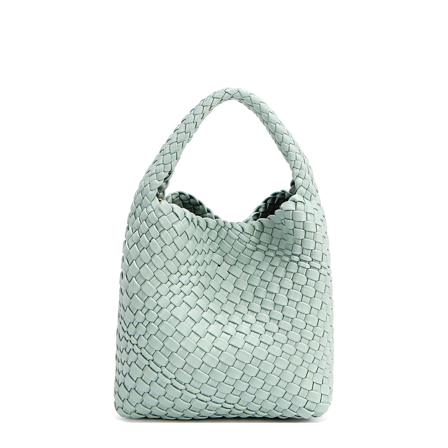 Juni handbag crafted in braided vegan leather in pastel, dusty blue with a top handle (5" drop) and open slip compartment secured with a magnetic snap closure. Slouchy, relaxed silhouette offers a chic and laid-back yet refined look.