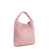 Back angle of Juni handbag crafted in braided vegan leather in pastel, dusty pink with a top handle (5" drop) and open slip compartment secured with a magnetic snap closure. Slouchy, relaxed silhouette offers a chic and laid-back yet refined look.