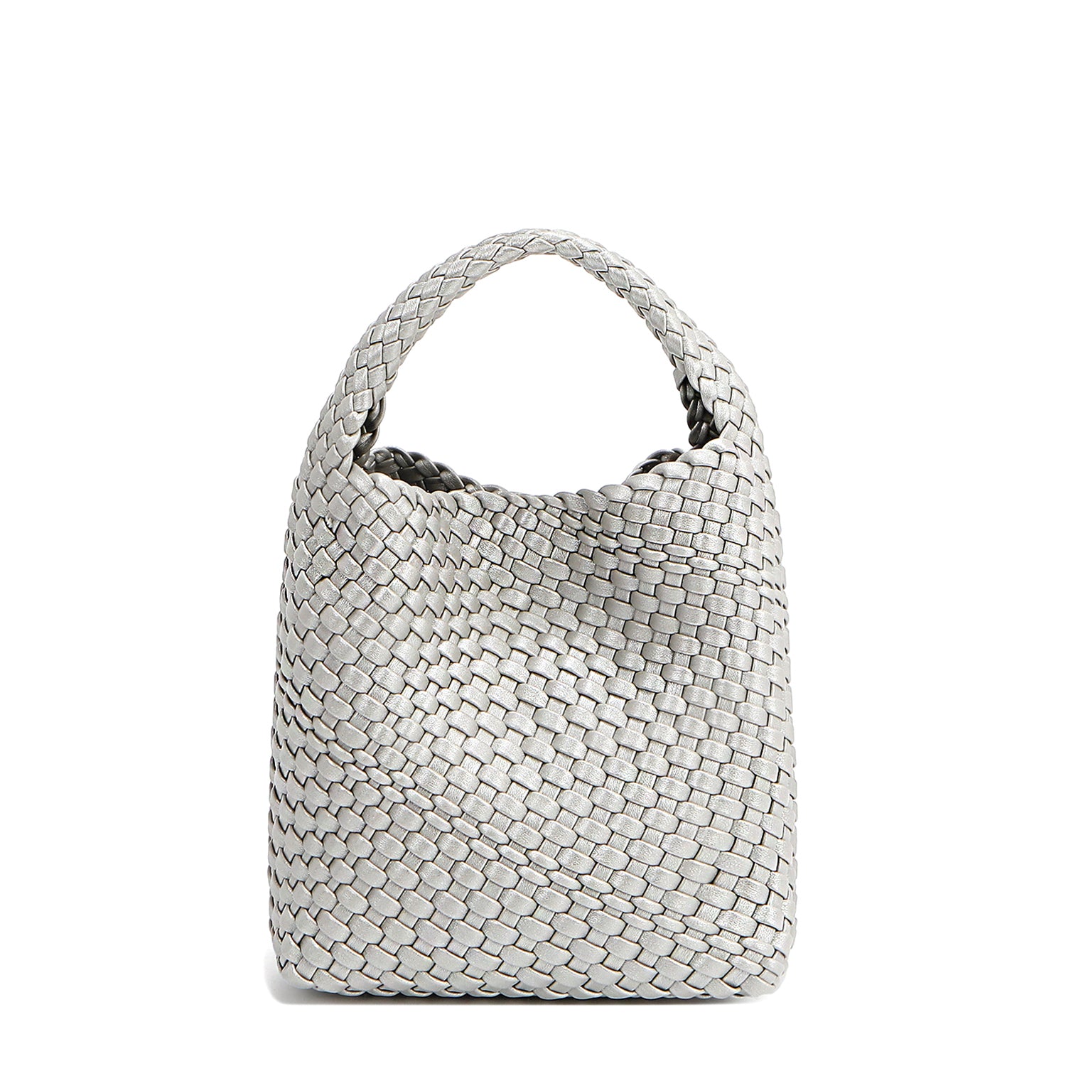 Back of Juni handbag crafted in braided vegan leather in metallic silver with a top handle (5" drop) and open slip compartment secured with a magnetic snap closure. Slouchy, relaxed silhouette offers a chic and laid-back yet refined look.