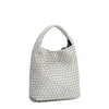 Back angle of Juni handbag crafted in braided vegan leather in metallic silver with a top handle (5" drop) and open slip compartment secured with a magnetic snap closure. Slouchy, relaxed silhouette offers a chic and laid-back yet refined look.