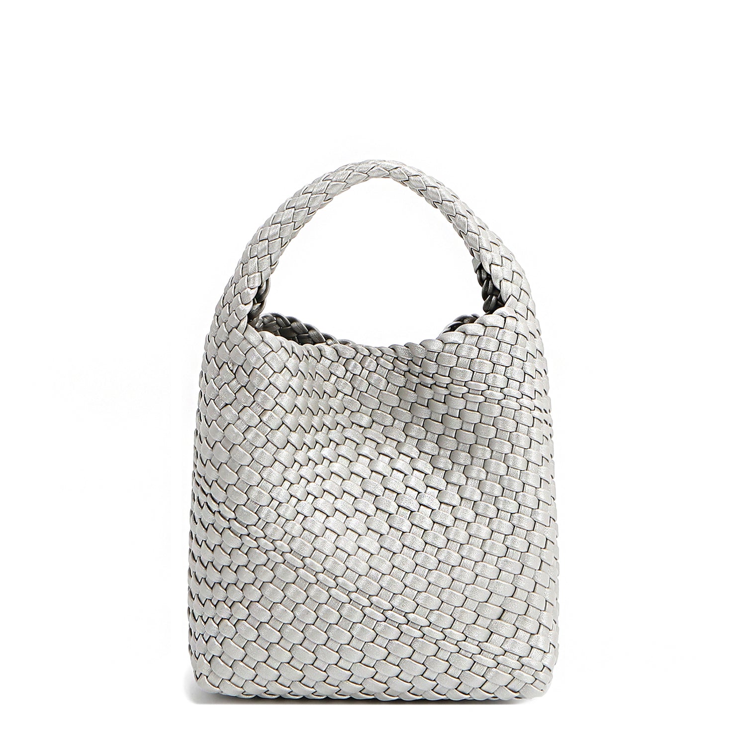 Juni handbag crafted in braided vegan leather in metallic silver with a top handle (5" drop) and open slip compartment secured with a magnetic snap closure. Slouchy, relaxed silhouette offers a chic and laid-back yet refined look.