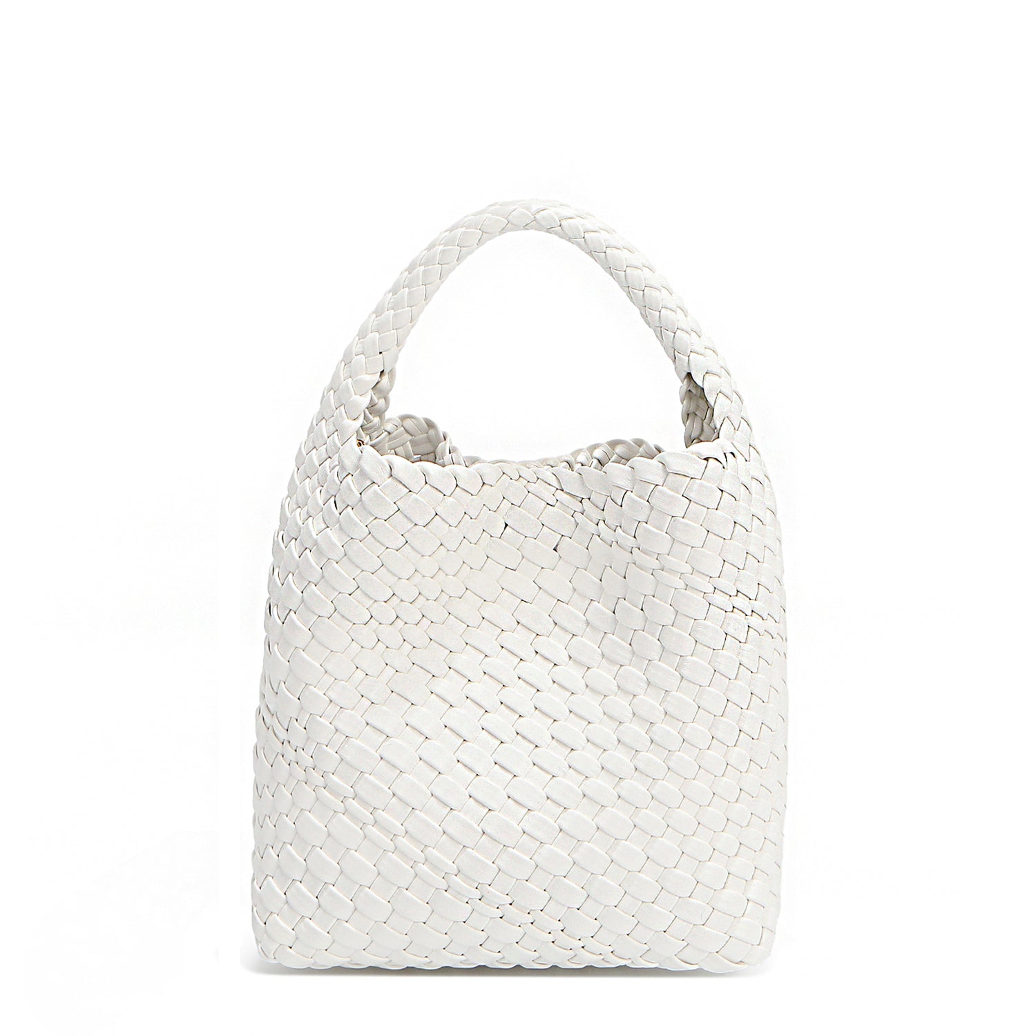 Back of Juni handbag crafted in braided vegan leather in classic, timeless white with a top handle (5" drop) and open slip compartment secured with a magnetic snap closure. Slouchy, relaxed silhouette offers a chic and laid-back yet refined look.