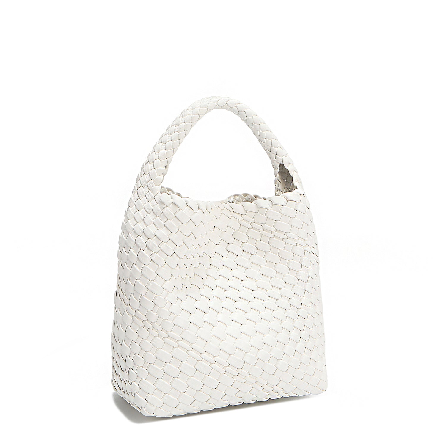 Front angle of Juni handbag crafted in braided vegan leather in classic, timeless white with a top handle (5" drop) and open slip compartment secured with a magnetic snap closure. Slouchy, relaxed silhouette offers a chic and laid-back yet refined look.
