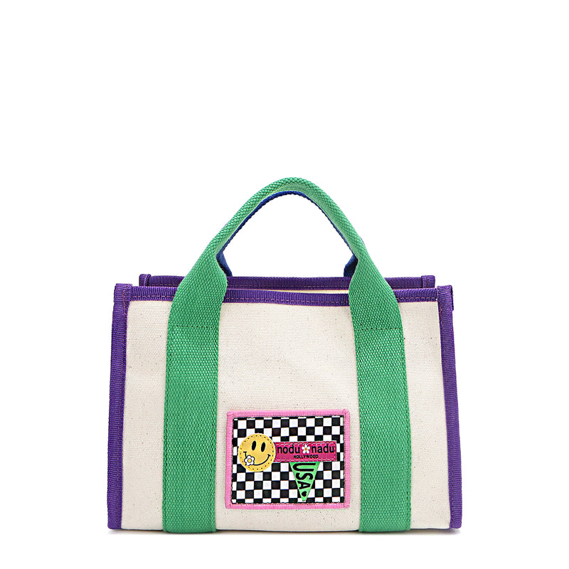 Why settle for one color when you can have them all? The small Rowan polyester bag brings the fun with bold color-block trim and mix-and-match straps—because your style deserves options! Available in classic beige with grass green and bold purple accents and a checker print smiley face adorned embroidered logo patch on the front. 