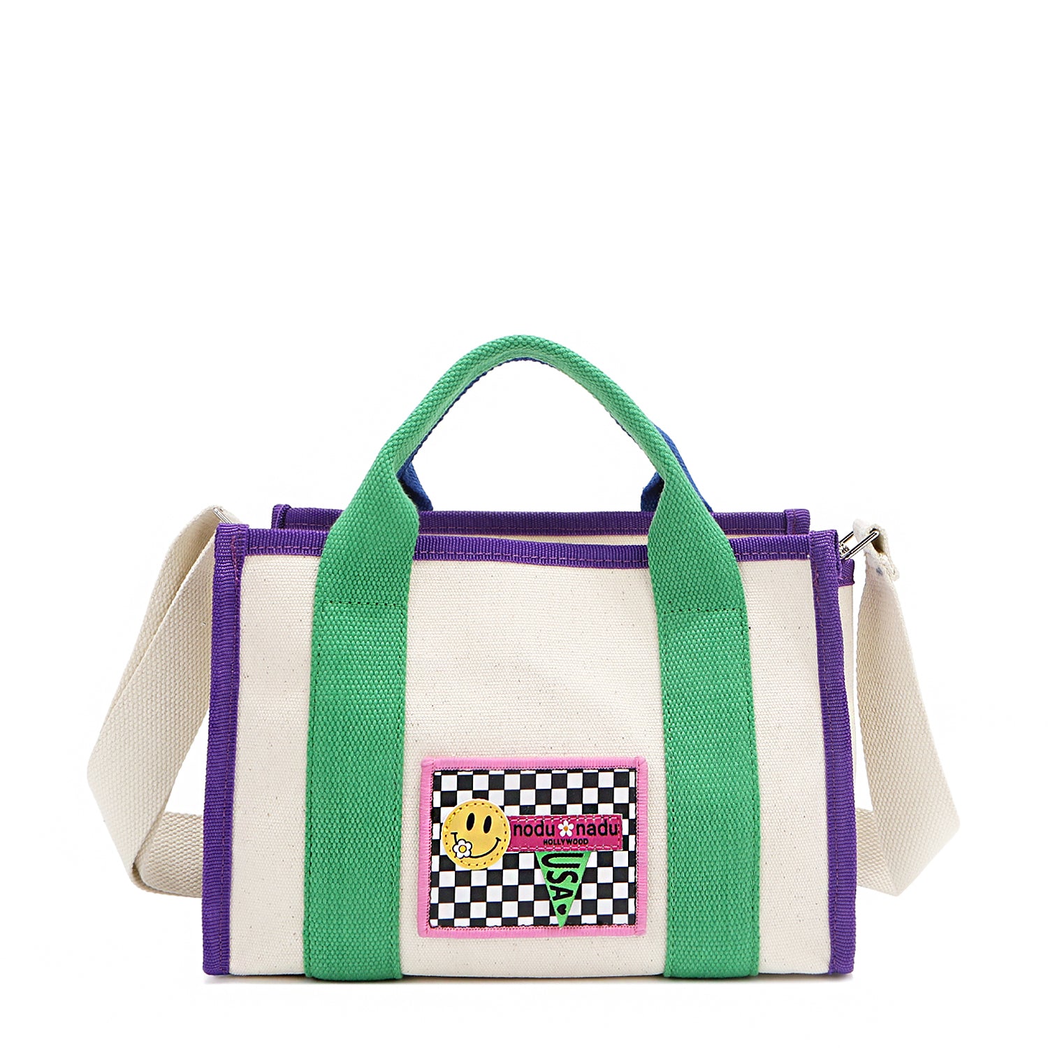The Rowan bag by Nodu Nadu by Nicole Lee. A bold mix of colors like vivid green, electric blue and vibrant purple trim evoke a sense of fun and lots of personality to mix and match your style. Dual top handles with a 3" drop allow you to carry this statement bag by the top handles or wear it across the body thanks to the optional, adjustable beige shoulder strap! 