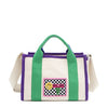 The Rowan bag by Nodu Nadu by Nicole Lee. A bold mix of colors like vivid green, electric blue and vibrant purple trim evoke a sense of fun and lots of personality to mix and match your style. Dual top handles with a 3" drop allow you to carry this statement bag by the top handles or wear it across the body thanks to the optional, adjustable beige shoulder strap! 