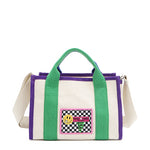 The Rowan bag by Nodu Nadu by Nicole Lee. A bold mix of colors like vivid green, electric blue and vibrant purple trim evoke a sense of fun and lots of personality to mix and match your style. Dual top handles with a 3" drop allow you to carry this statement bag by the top handles or wear it across the body thanks to the optional, adjustable beige shoulder strap! 