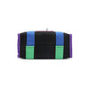 Structured, rectangular base of the Rowan handbag in black by Nodu Nadu. Royal purple trim is accented by the vivid blue and green straps that join together for a mix and match color story. 