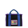 Why settle for one color when you can have them all? The small Rowan polyester bag brings the fun with bold color-block trim and mix-and-match straps—because your style deserves options! Available in classic black with bold blue and purple accents and a checker print smiley face adorned embroidered logo patch on the front. 