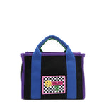 Why settle for one color when you can have them all? The small Rowan polyester bag brings the fun with bold color-block trim and mix-and-match straps—because your style deserves options! Available in classic black with bold blue and purple accents and a checker print smiley face adorned embroidered logo patch on the front. 
