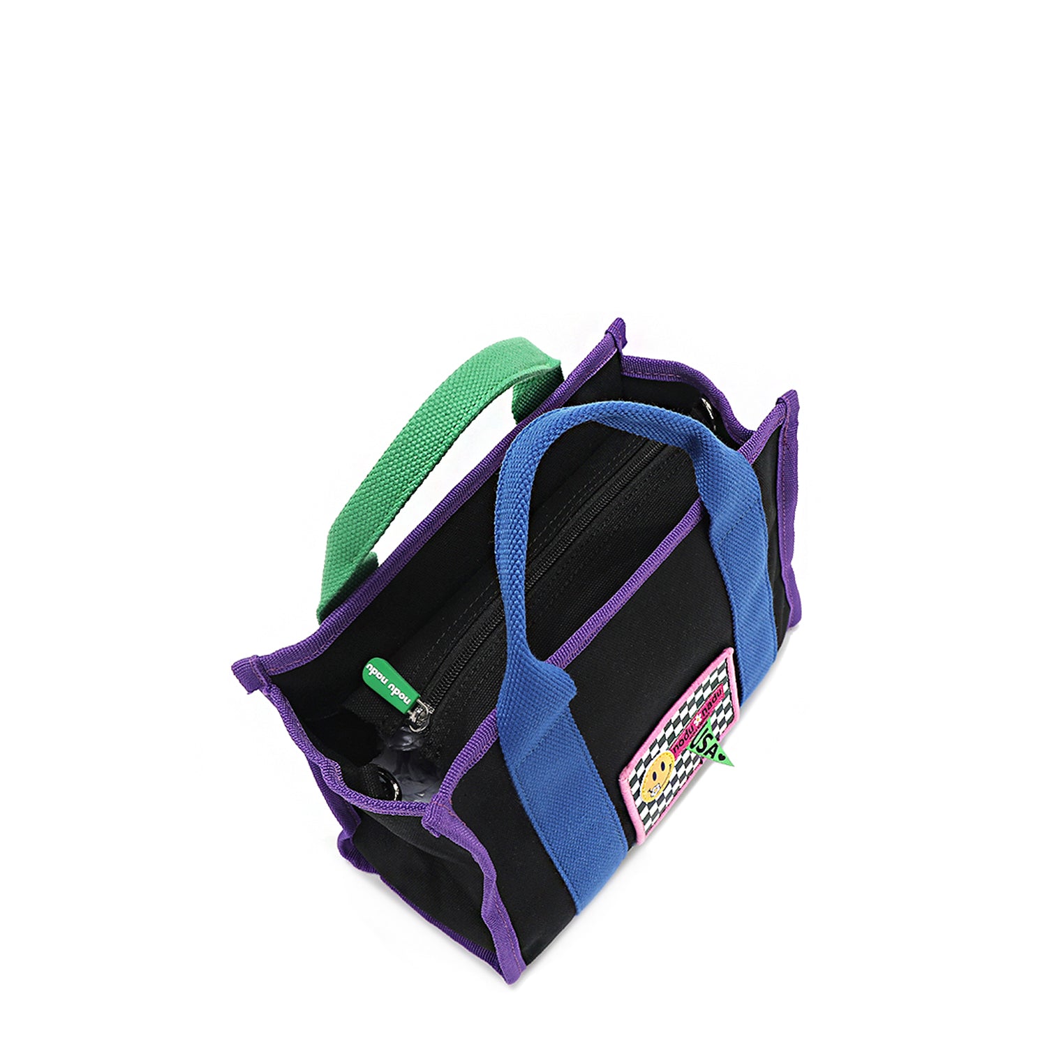 Top angle of the Rowan handbag by Nodu Nadu in timeless black. Bold pops of color like electric blue, grass green, and royal purple add lots of fun and personality to this classic shaped silhouette handbag. Comes with a secure main zip closure with matching tonal green zipper puller. 