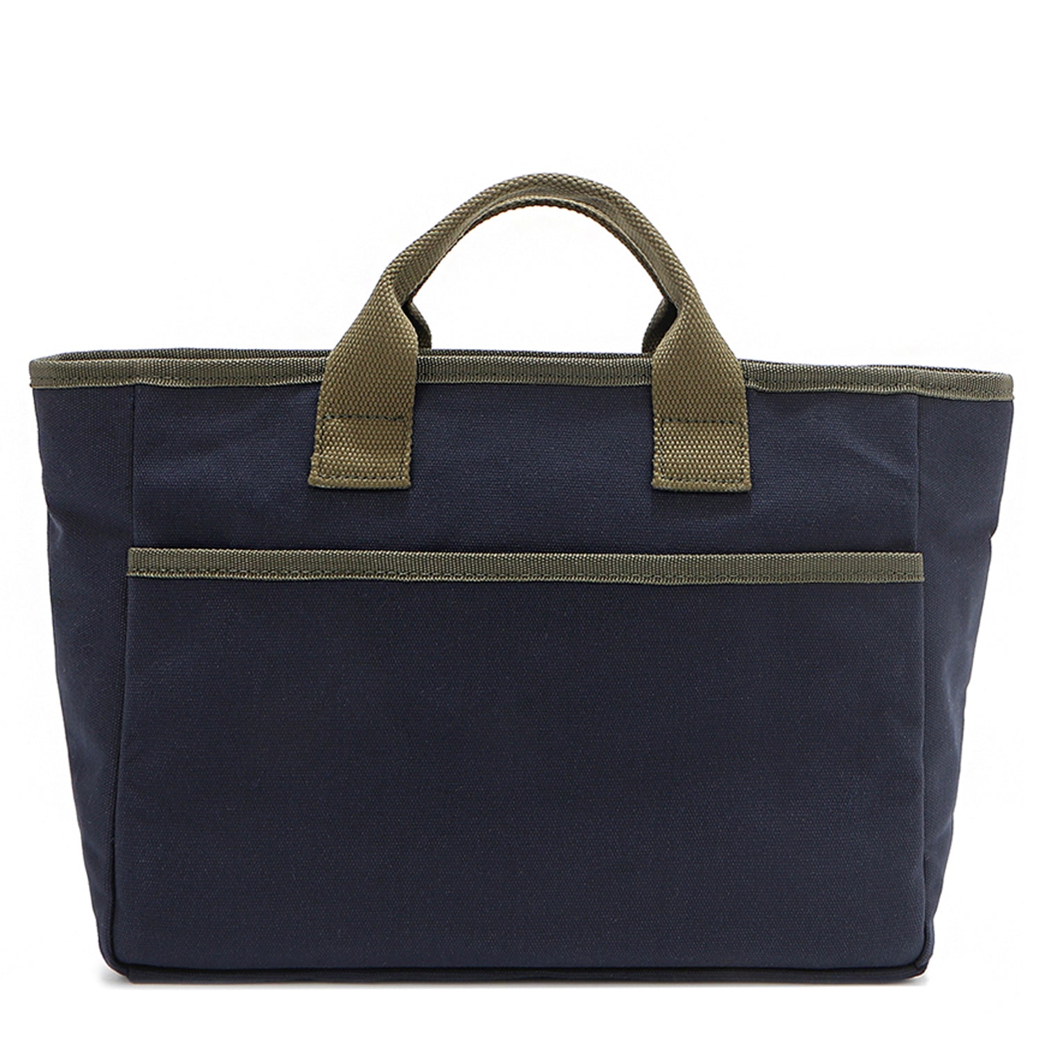 Solid back of the Emery Nodu Nadu tote bag in classic navy blue with moss green trim and dual straps. An open slip compartment in the back allows you to store items like your keys, journal, and more for convenient access. Rectangular silhouette for a classic, timeless feel. 
