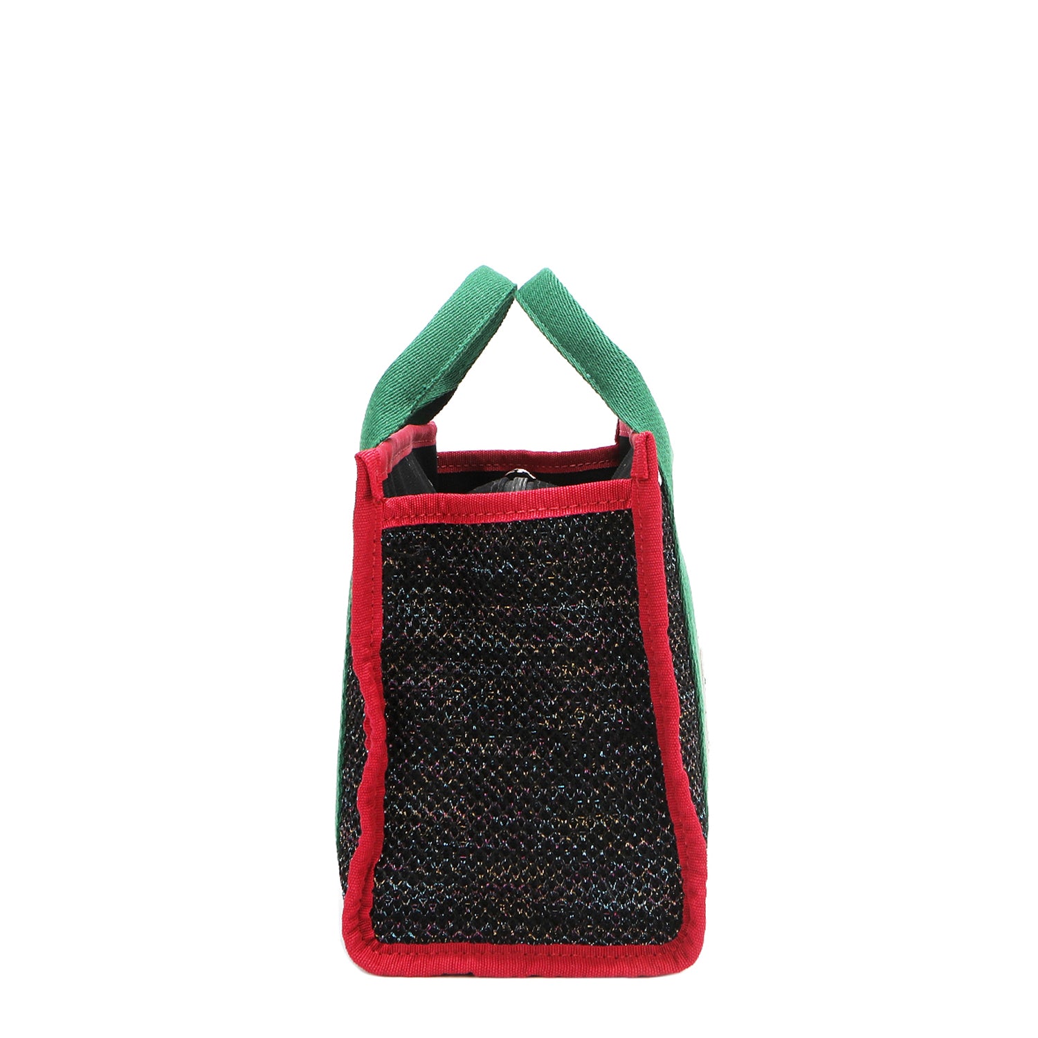Rectangular side profile view of the Nodu Nadu Marley Bag in Black with metallic rainbow shimmer stitch threading that adds a subtle sparkling effect with every movement. Dual top handles and side D-rings for optional shoulder strap attachment.