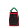 Rectangular side profile view of the Nodu Nadu Marley Bag in Black with metallic rainbow shimmer stitch threading that adds a subtle sparkling effect with every movement. Dual top handles and side D-rings for optional shoulder strap attachment.