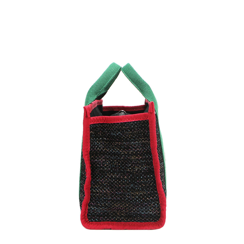 Rectangular side profile view of the Nodu Nadu Marley Bag in Black with metallic rainbow shimmer stitch threading that adds a subtle sparkling effect with every movement. Dual top handles and side D-rings for optional shoulder strap attachment.