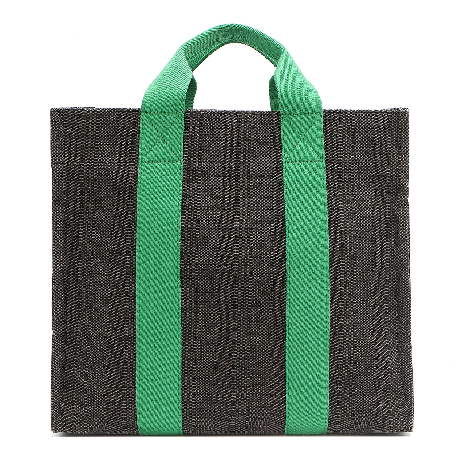 Back of the Nodu Nadu Sawyer Bag in Black. Charcoal black canvas accented with bold grass green straps for a pop of trendy color and vibrance. Rectangular silhouette provides a sense of classic timelessness so you can dress up or dress down this everyday style. 