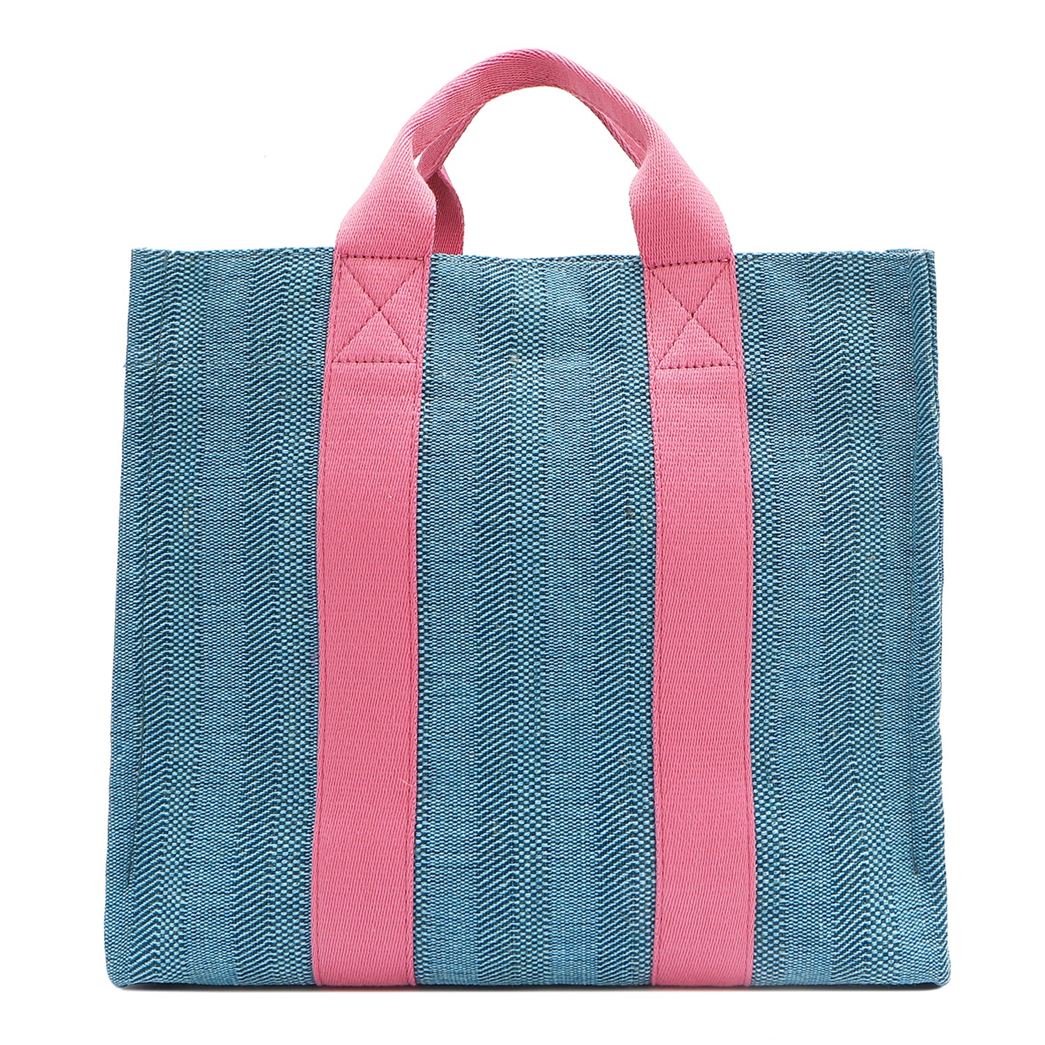 Back view of the Nodu Nadu Sawyer Bag in Blue with baby pink strap accents. Durable, canvas material in a rectangular silhouette offers endless expression to mix and match your style no matter the season or occasion. 