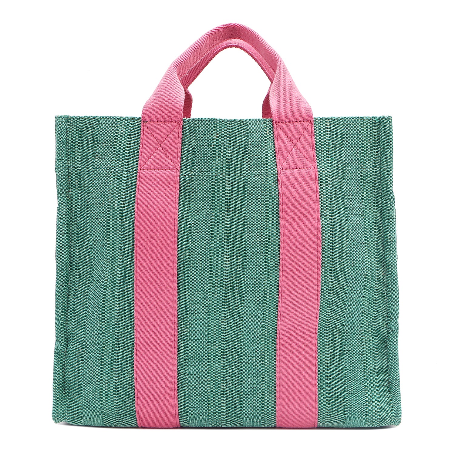 Back of the Nodu Nadu Sawyer Bag in Green. Light green canvas accented with baby pink straps for a pop of trendy color and femininity. Rectangular silhouette provides a sense of classic timelessness so you can dress up or dress down this everyday style. 