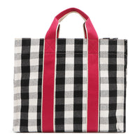 Black gingham back side of the Nodu Nadu Blair Bag – minimalist and structured canvas tote with pink handles. Perfect and spacious for everyday wear with a rectangular silhouette and webbed dual straps. 