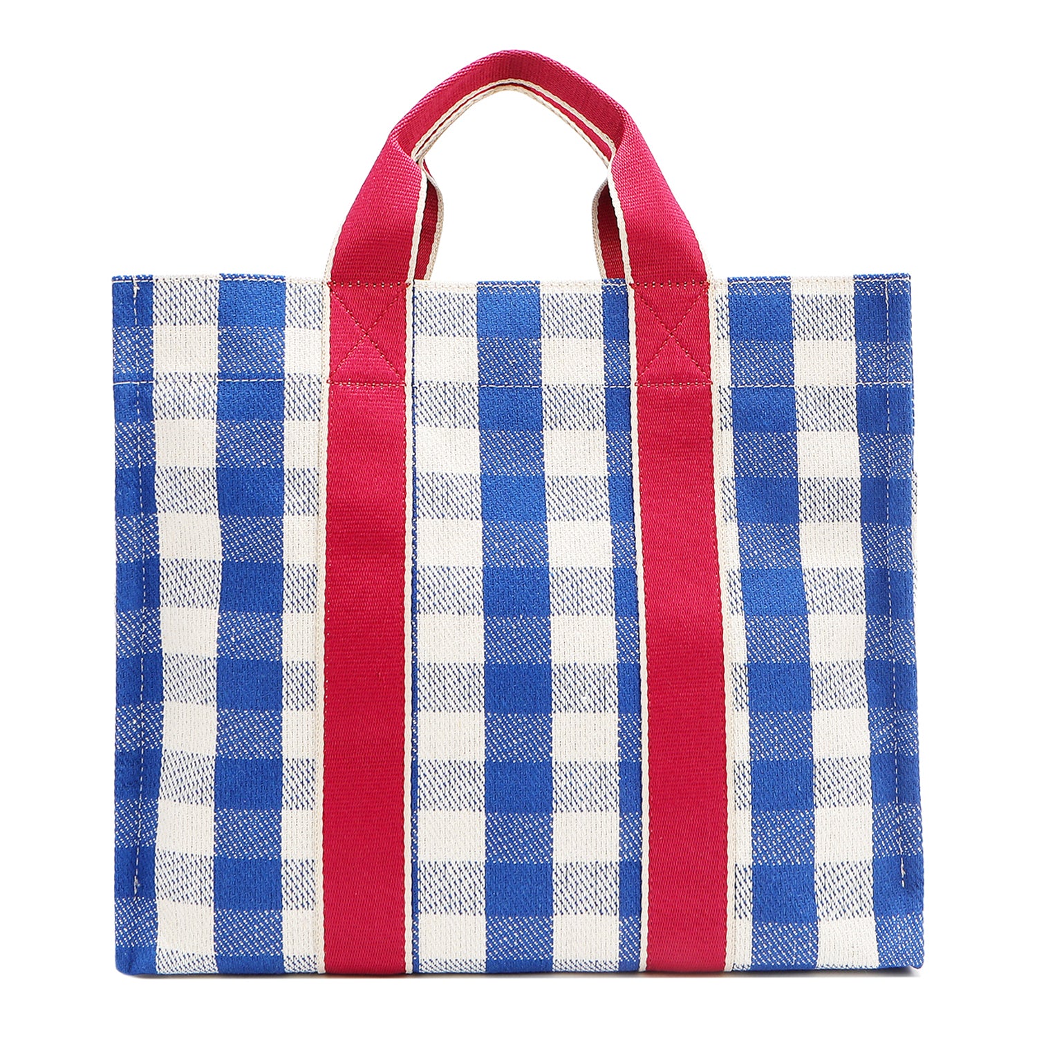Nodu Nadu Blair Bag in Blue from the rear – showing full blue and white gingham print and durable pink canvas dual straps. Durable construction, rectangular silhouette, and fashionable for everyday wear. 