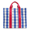 Nodu Nadu Blair Bag in Blue from the rear – showing full blue and white gingham print and durable pink canvas dual straps. Durable construction, rectangular silhouette, and fashionable for everyday wear. 