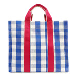Nodu Nadu Blair Bag in Blue from the rear – showing full blue and white gingham print and durable pink canvas dual straps. Durable construction, rectangular silhouette, and fashionable for everyday wear. 