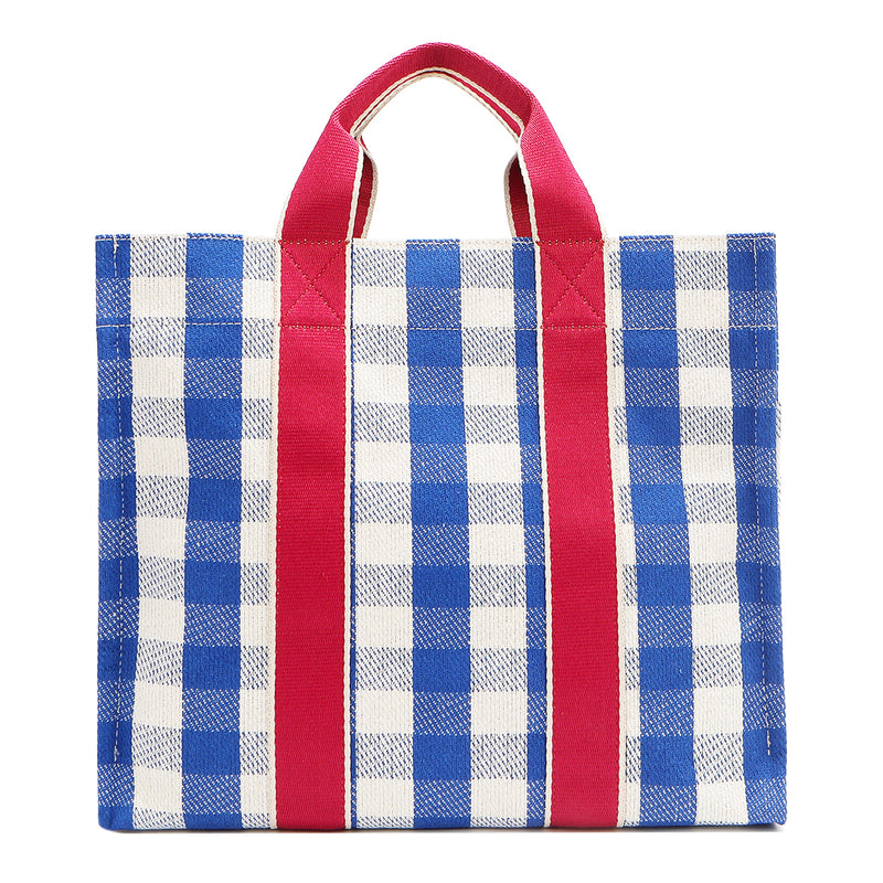 Nodu Nadu Blair Bag in Blue from the rear – showing full blue and white gingham print and durable pink canvas dual straps. Durable construction, rectangular silhouette, and fashionable for everyday wear. 
