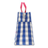 Rectangular and spacious side silhouette of the Nodu Nadu Blair Bag in Blue. Blue and white gingham print paired with hot pink dual straps. Side view shows the deep open slip pockets that you can store most-used items like your phone, keys, and makeup, close at hand! D-ring on the side for optional shoulder strap attachment.