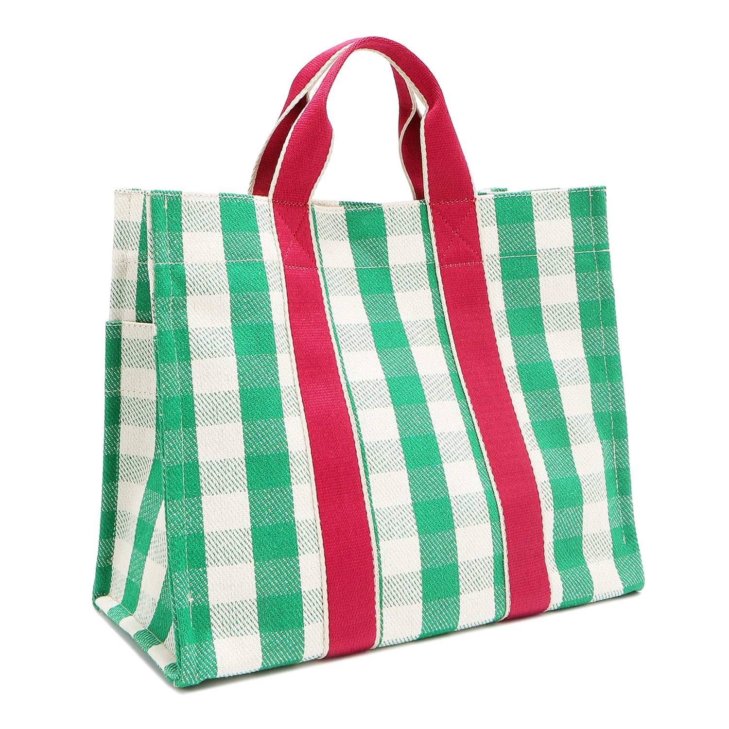 Back angle view of the Nodu Nadu Canvas Blair Bag in Green – simple green and white gingham design with hot pink vertical webbed straps. Side back angle view showcases the open slip pocket on the side and the rectangular silhouette.