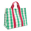 Back angle view of the Nodu Nadu Canvas Blair Bag in Green – simple green and white gingham design with hot pink vertical webbed straps. Side back angle view showcases the open slip pocket on the side and the rectangular silhouette.