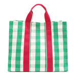 Back view of the Nodu Nadu Canvas Blair Bag in Green – simple green and white gingham design with hot pink vertical webbed straps.