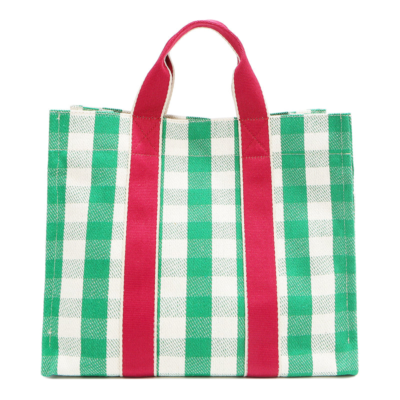 Back view of the Nodu Nadu Canvas Blair Bag in Green – simple green and white gingham design with hot pink vertical webbed straps.