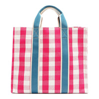 Back view of the Nodu Nadu Blair Bag in pink. Pink and white gingham print paired with sky blue webbed dual straps in a rectangular, timeless silhouette. Soft, casual and perfect for everyday, this is a cute and stylish bag you'll love to carry.