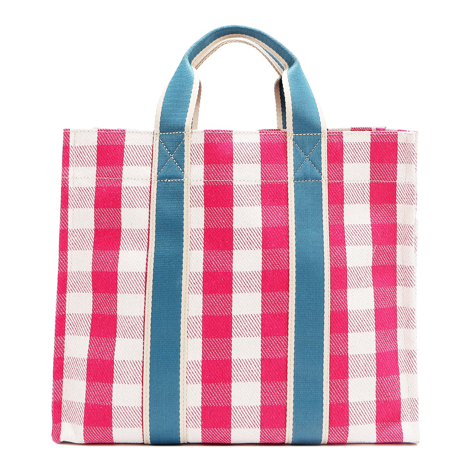 Back view of the Nodu Nadu Blair Bag in pink. Pink and white gingham print paired with sky blue webbed dual straps in a rectangular, timeless silhouette. Soft, casual and perfect for everyday, this is a cute and stylish bag you'll love to carry.
