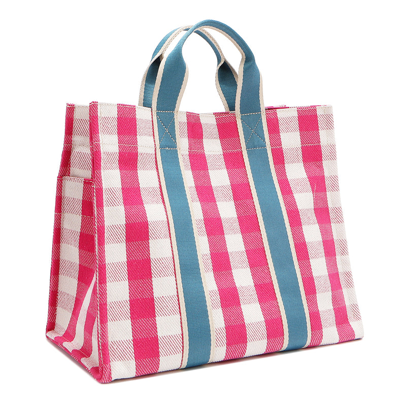 Back angle view of the Nodu Nadu Blair Bag in pink. Pink and white gingham print paired with sky blue webbed dual straps in a rectangular, timeless silhouette. Soft, casual and perfect for everyday, it even has side slip pockets to store essentials like your wallet, keys, and makeup!