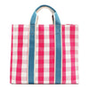 Back view of the Nodu Nadu Blair Bag in pink. Pink and white gingham print paired with sky blue webbed dual straps in a rectangular, timeless silhouette. Soft, casual and perfect for everyday, this is a cute and stylish bag you'll love to carry.