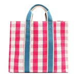 Back view of the Nodu Nadu Blair Bag in pink. Pink and white gingham print paired with sky blue webbed dual straps in a rectangular, timeless silhouette. Soft, casual and perfect for everyday, this is a cute and stylish bag you'll love to carry.