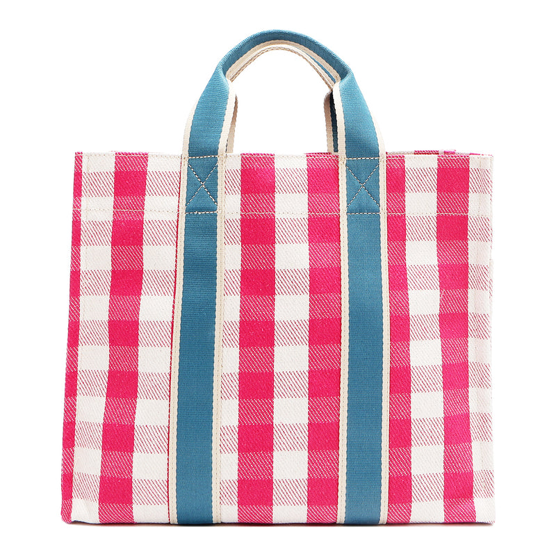 Back view of the Nodu Nadu Blair Bag in pink. Pink and white gingham print paired with sky blue webbed dual straps in a rectangular, timeless silhouette. Soft, casual and perfect for everyday, this is a cute and stylish bag you'll love to carry.